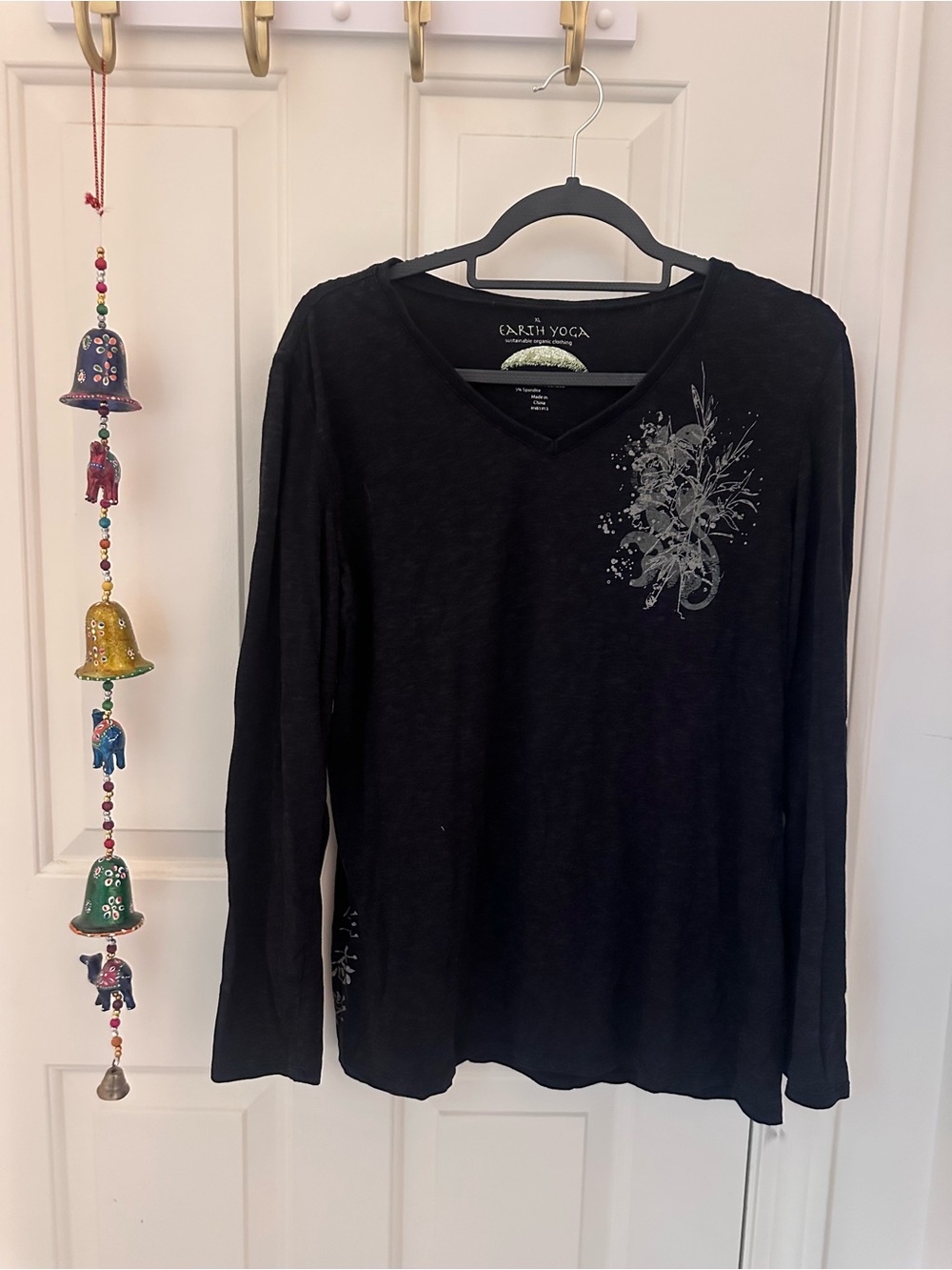 Earth Yoga Black Long Sleeve V-Neck Top with Silver Floral Accent